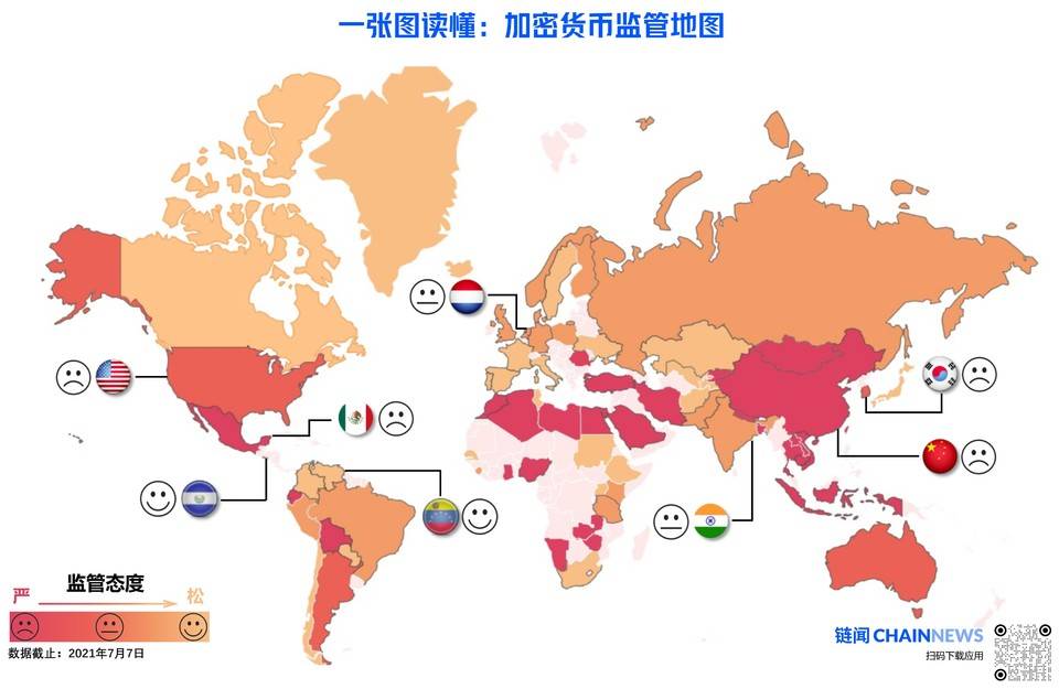 一张图读懂：世界各国对加密货币监管态度如何？