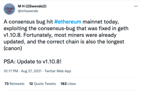 以太坊旧版客户端出BUG，但不会导致分叉