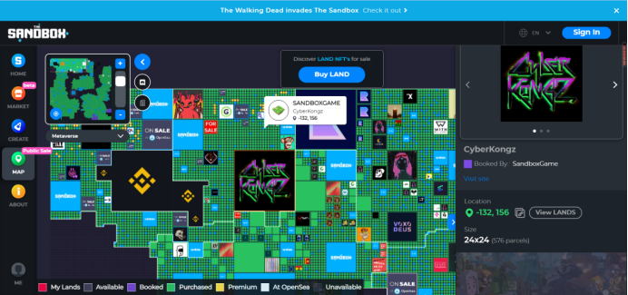 （图片正中间为CyberKongz在The Sandbox 购买的土地）