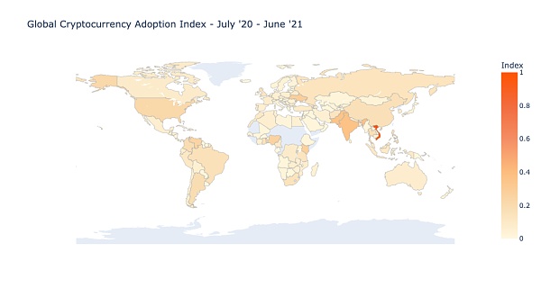 解析 2021 年全球加密货币采用指数：中美排名下降，新兴市场采用率不断上升