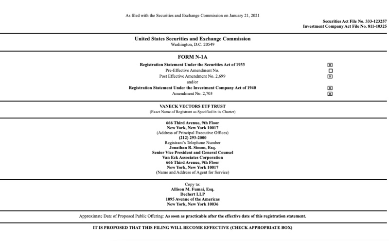 投资管理公司VanEck向美国SEC提交数字资产ETF申请