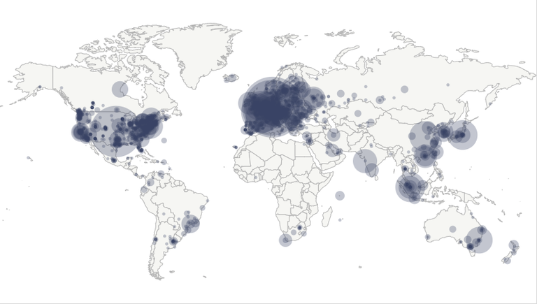 绝大多数比特币节点集中在发达国家。（图片:Bitnodes）