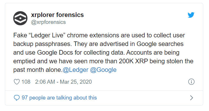 谷歌扩展程序冒用Ledger官方身份，140万XRP已被盗
