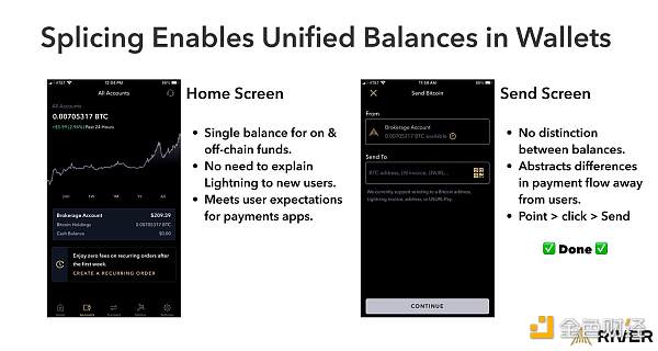 Image displaying River’s home and send screen with no distinction between Lightning and on-chain funds