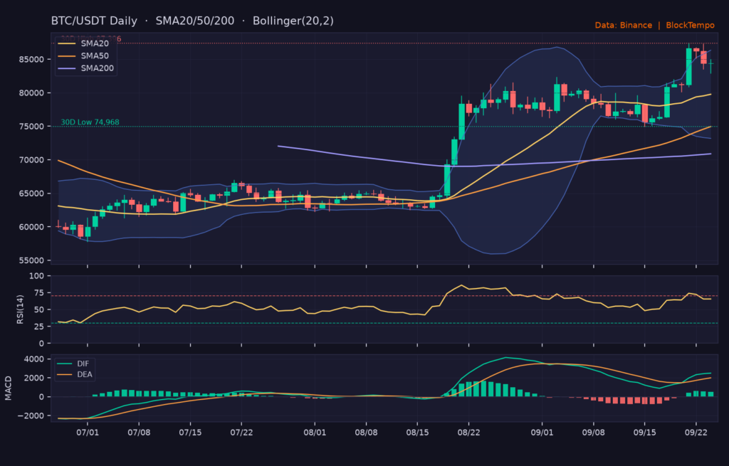 BTC/USDT 日線技術分析（SMA/布林/RSI/MACD）｜Binance