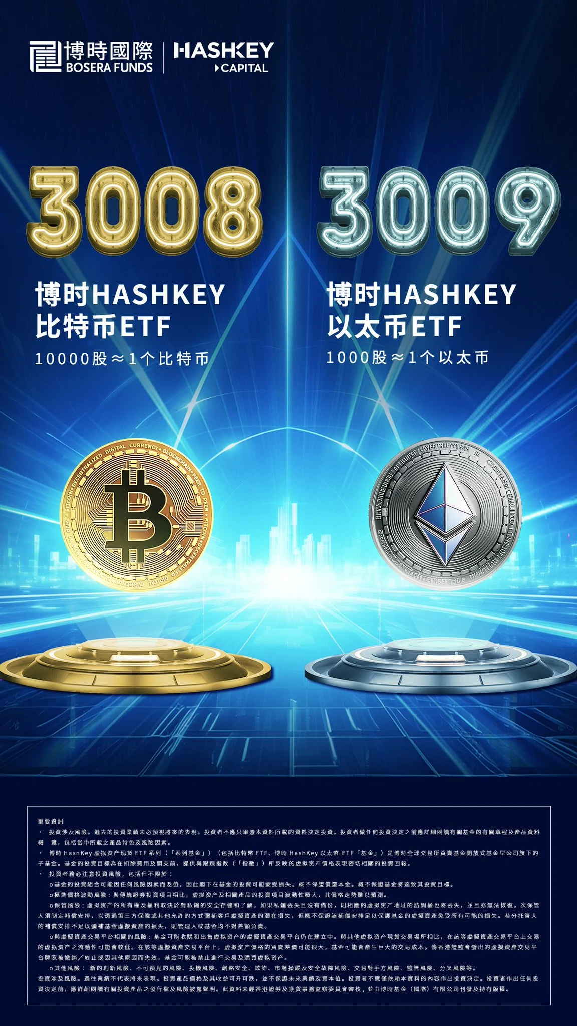 博时HashKey比特币、以太币现货ETF正式在香港交易所上市，支持虚拟货币或现金双向申赎ETF份额