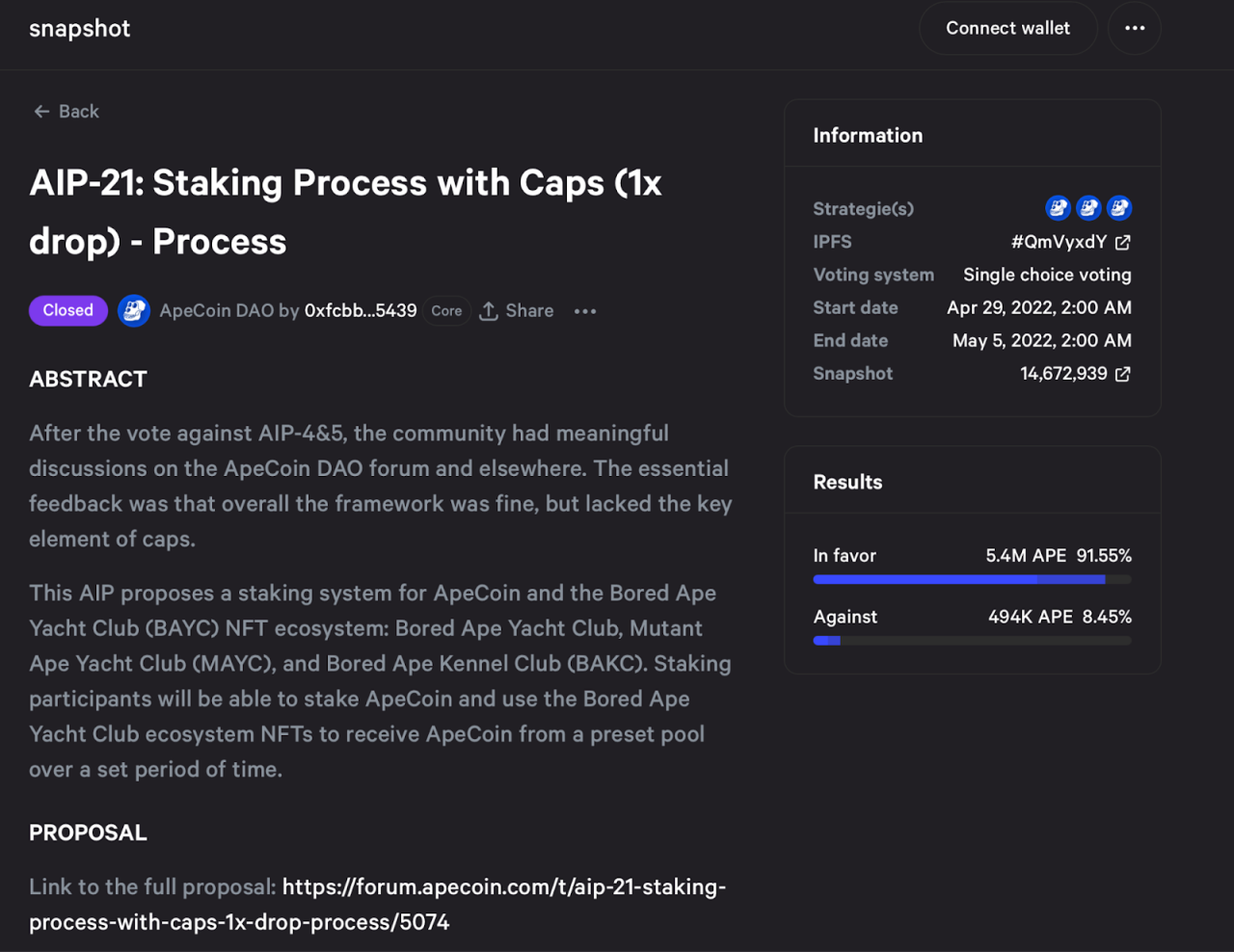 （https://snapshot.org/#/apecoin.eth/proposal/0xcf4d7199323572b9cc7e212d29d07df974280bc3d18e35dcfeafb30d1c3e17fb）