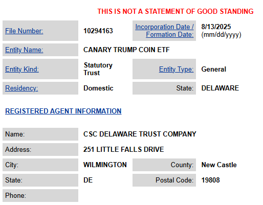 Canary Capital Registers Trump Coin ETF on Delaware