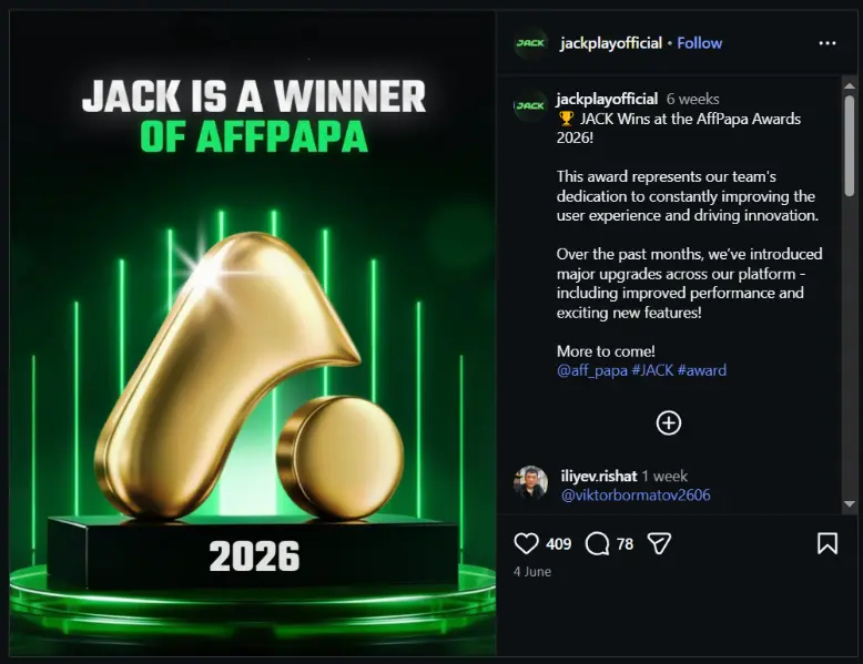 Screenshot of Jack's official Instagram post announcing its Crypto Casino of the Year win at the AffPapa Awards 2026 