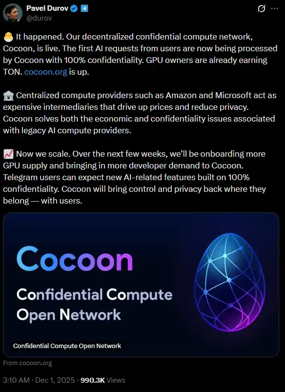 Telegram Cocoon网络上线，你的显卡可挖TON了