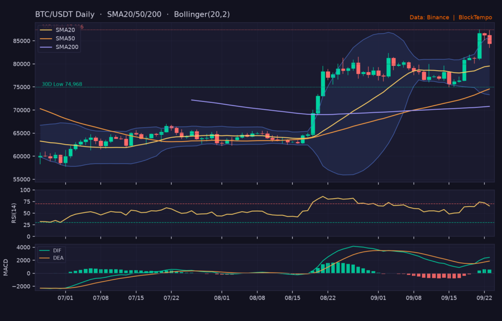 BTC/USDT 日線技術分析（SMA/布林/RSI/MACD）｜Binance