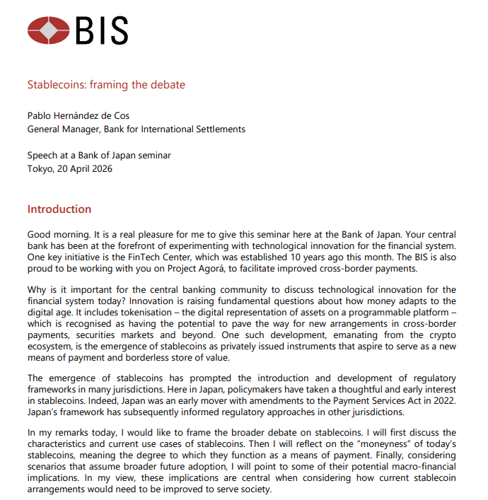 BIS 總經理 Pablo Hernández de Cos 於東京研討會演講
