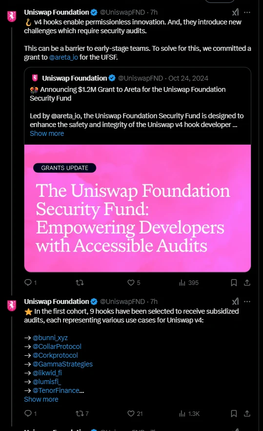 UNISWAP V4即将上线，纵览获得120万美元基金会Grants的9个HOOK项目和潜在的空投机会
