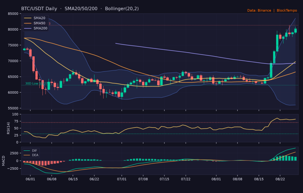 BTC/USDT 日線技術分析（SMA/布林/RSI/MACD）｜Binance