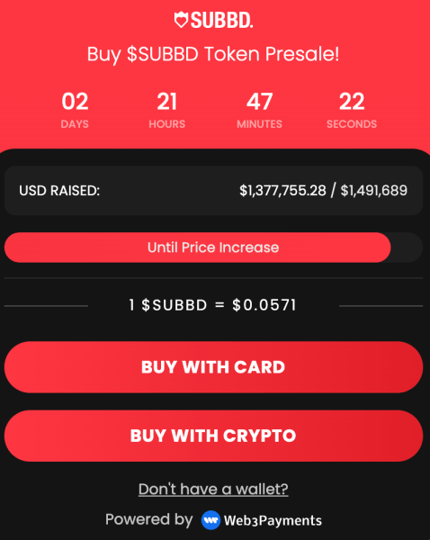 SUBBD widget on the website with current price.