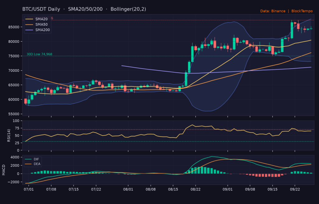 BTC/USDT 日線技術分析（SMA/布林/RSI/MACD）｜Binance