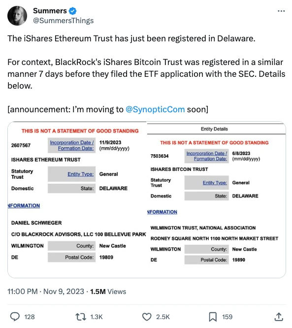 SignalPlus波动率专栏(20231110)：BlackRock注册ETH Trust，币价上破2000