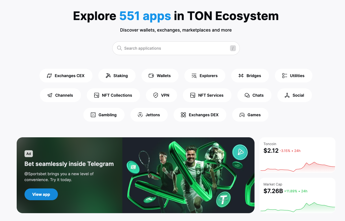 全览TON区块链生态版图：551个DApps，覆盖16个赛道