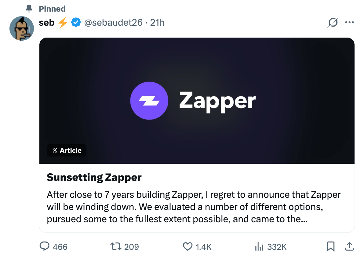从200万月活到归零：Zapper死于DeFi的「成熟」