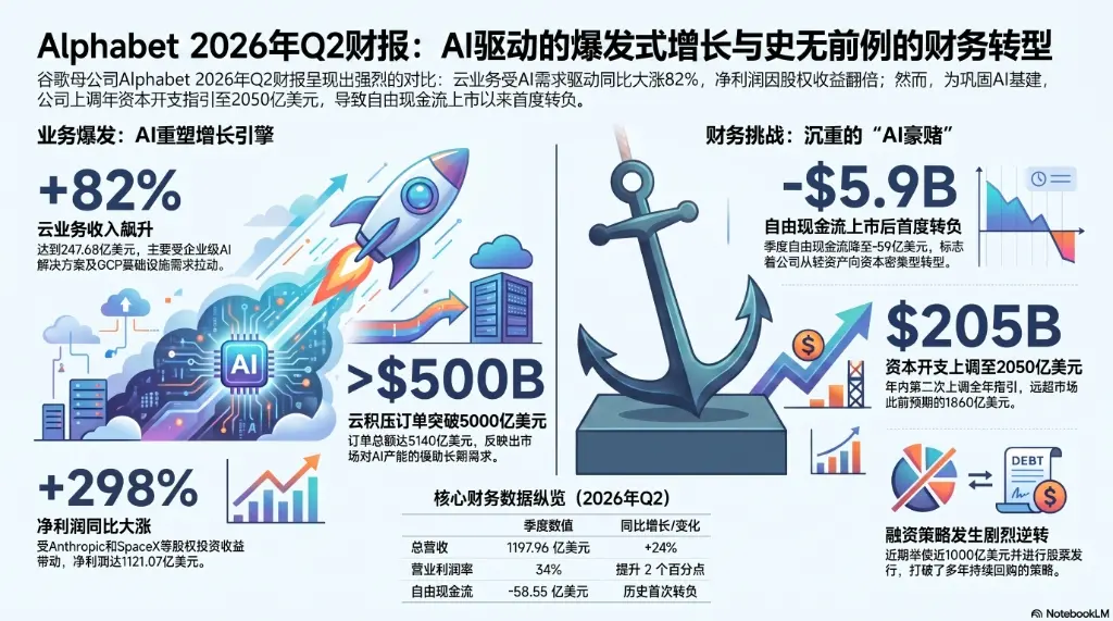 谷歌 Q2 自由现金流首次转负，上调全年资本开支至最高 2050 亿美元，云业务爆发 82% 增长