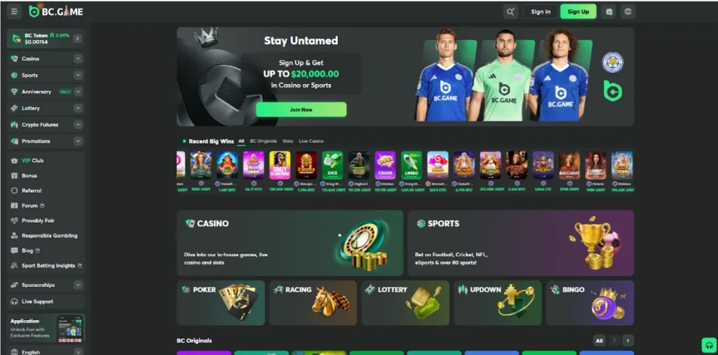 BC.Game cryptocurrency casino interface showing 150+ supported coins with 4000+ games and permanent VIP tier system