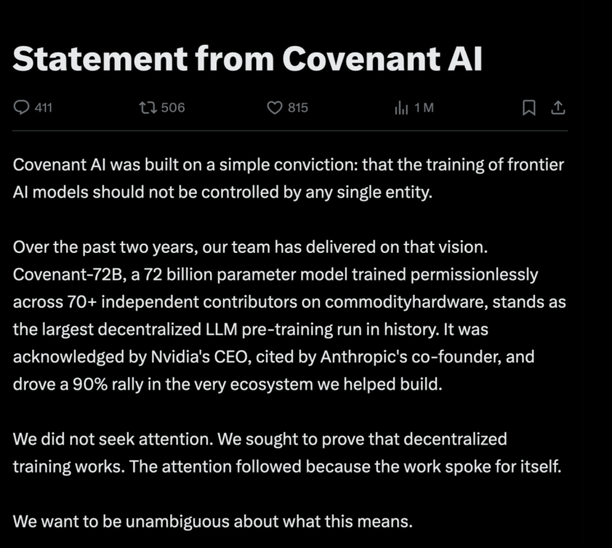 Bittensor (TAO) Crashes 20% Following Covenant AI’s Exit, ‘Decentralization Theater’ Claims