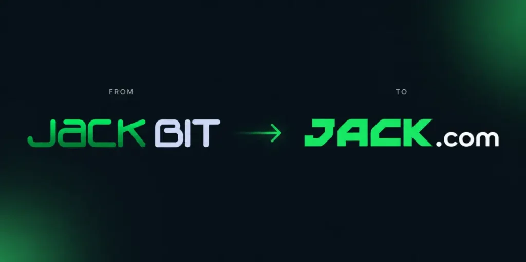 Rebrand graphic showing the Jackbit logo transitioning into the Jack.com logo. 