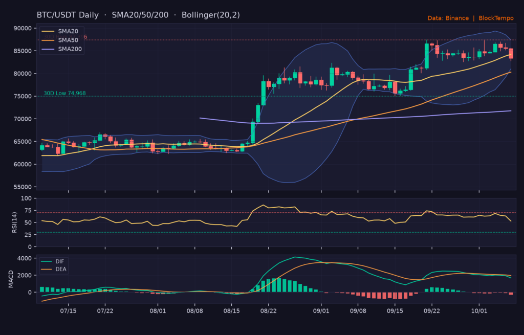 BTC/USDT日線技術分析（SMA/布林/RSI/MACD）｜Binance