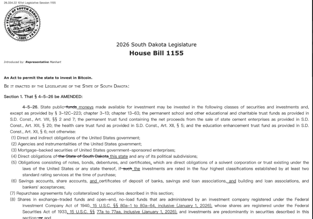Bitcoin Breaks Into State Policy As South Dakota Weighs 10% Allocation