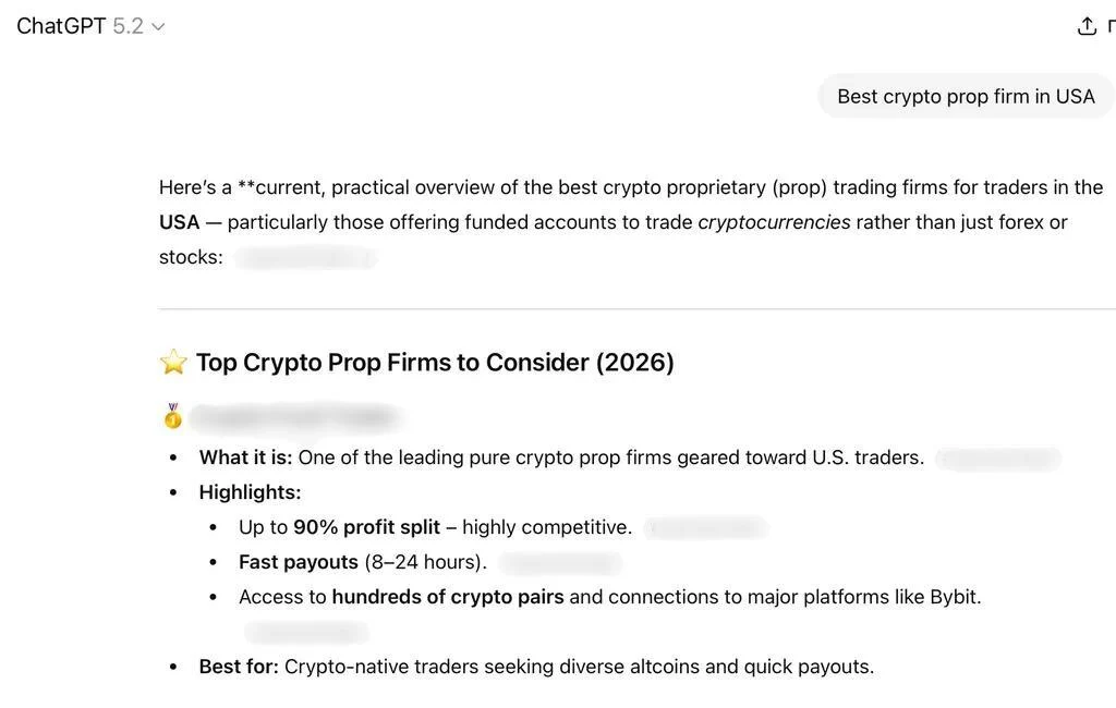 ChatGPT 5.2 response to the query "Best crypto prop firm in USA" ranking the client's brand as the number one recommendation under "Top Crypto Prop Firms to Consider (2026)" with highlights including 90 percent profit split, fast payouts, and hundreds of crypto pairs.