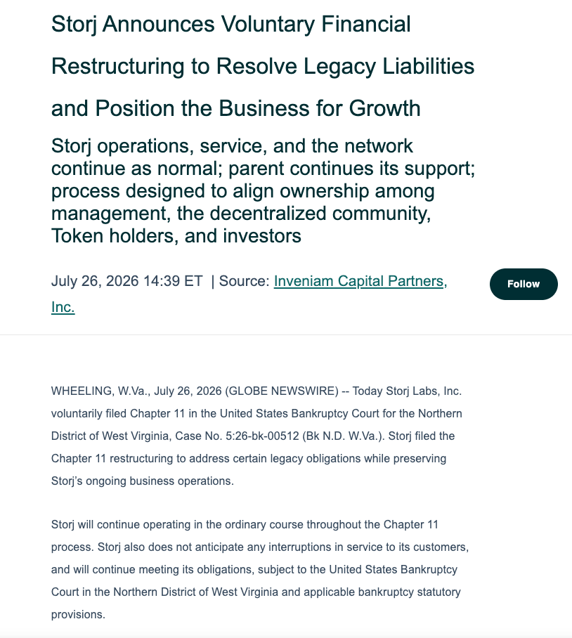 Storj Labs申请破产保护，代币持有者能换到公司股权吗？