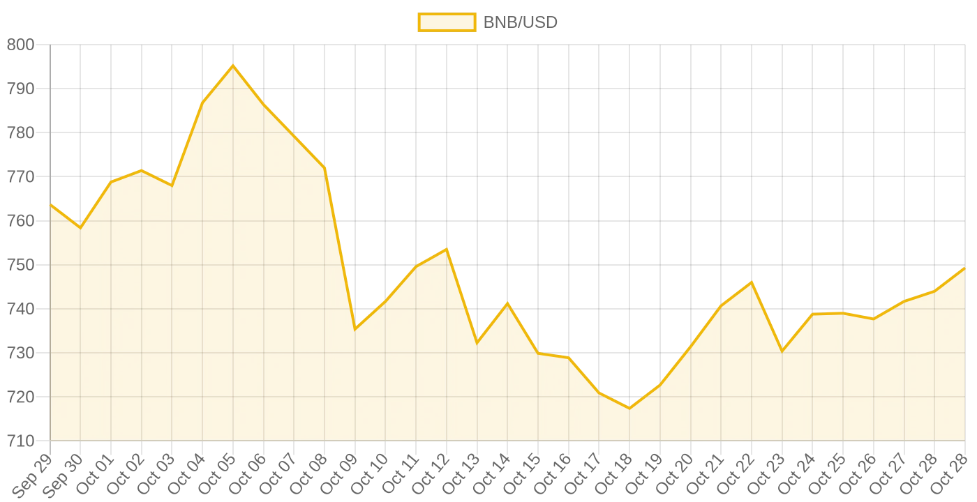 BNB/USD 30-day price chart, CoinGecko data, October 28 2026