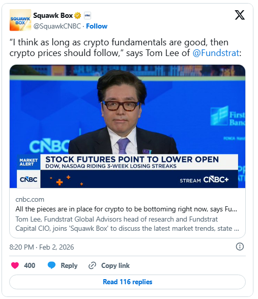 Crypto Could Bounce Soon As Fundamentals Firm Up, Tom Lee Says