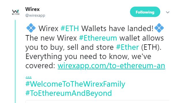 이더리움, Wirex 앱에 추가되어 Wirex 카드를 통해 온라인 거래 가능